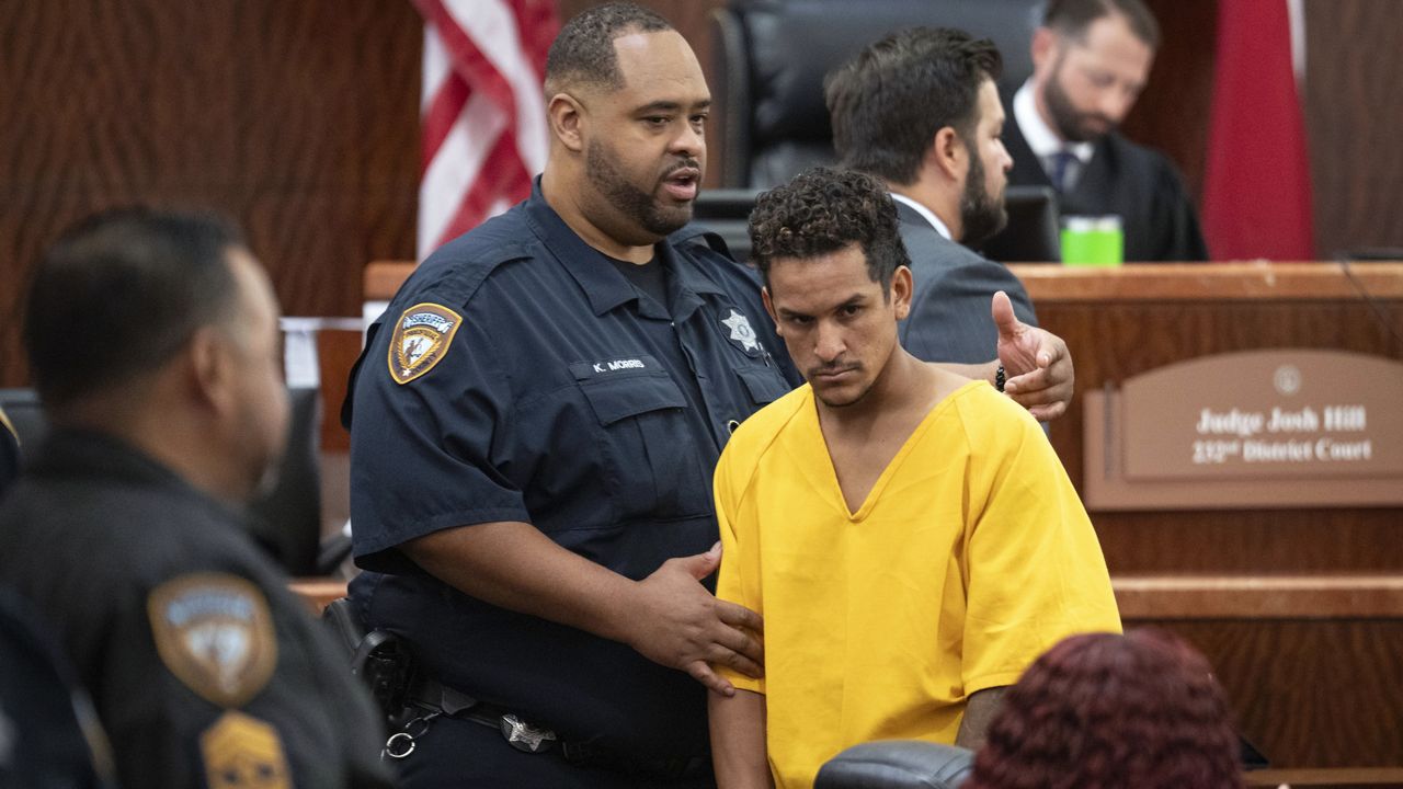 Franklin Peña, one of the two men accused of killing 12-year-old Jocelyn Nungaray, is led out of the courtroom after bail was set for $10 million, Monday, June 24, 2024, in Houston. Peña and another man, Johan Jose Rangel-Martinez, are charged with capital murder over the girl's death. (Brett Coomer/Houston Chronicle via AP)