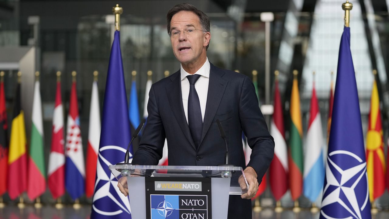 NATO Secretary General Mark Rutte delivers a statement, after a meeting with a high level South Korean delegation including top intelligence and military officials as well as senior diplomats briefed NATO diplomats, at NATO headquarters in Brussels on Monday, Oct. 28, 2024. (AP Photo/Virginia Mayo)