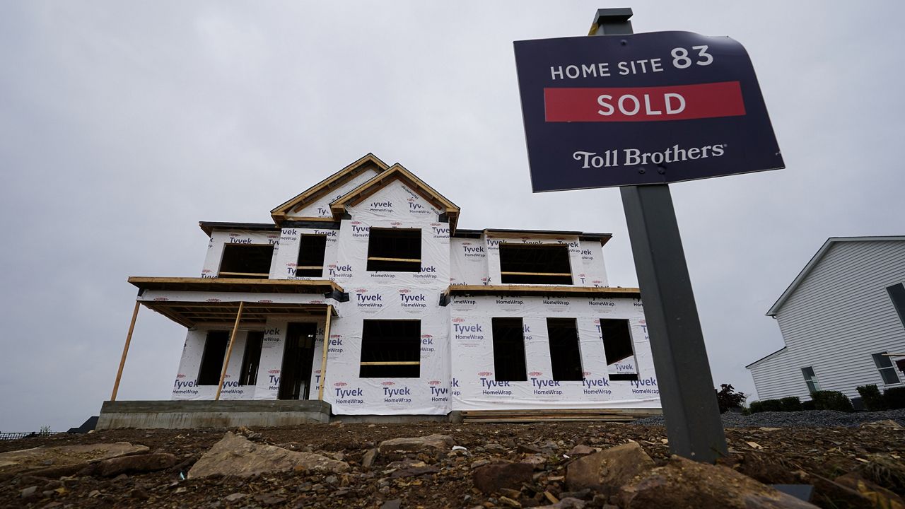 A home under construction at a development in Eagleville, Pa., Friday, April 28, 2023. (AP Photo/Matt Rourke)