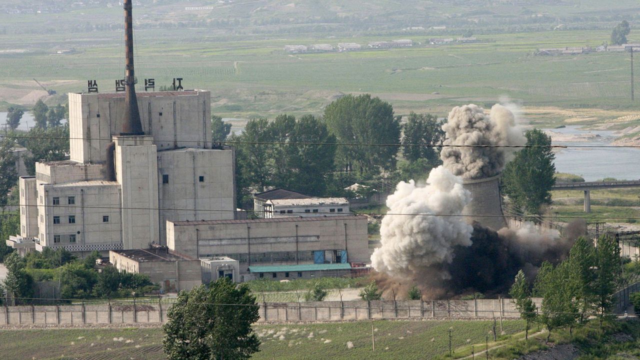 The cooling tower of the Yongbyon nuclear complex is demolished in Yongbyon, North Korea on June 27, 2008. (Gao Haorong/Xinhua via AP)