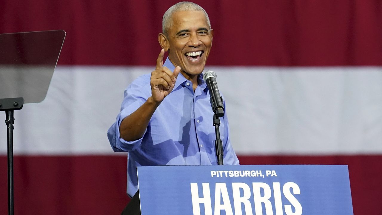 Former President Barack Obama speaks during a campaign rally supporting Democratic presidential nominee Vice President Kamala Harris, Thursday, Oct. 10, 2024, at the University of Pittsburgh's Fitzgerald Field House in Pittsburgh. (AP Photo/Matt Freed)