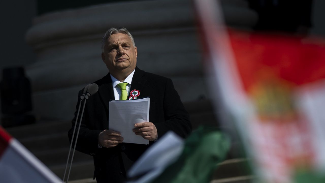 Hungarian Prime Minister Viktor Orban gives a speech on the steps of the National Museum in Budapest, Hungary, on Friday, March 15, 2024. (AP Photo/Denes Erdos)