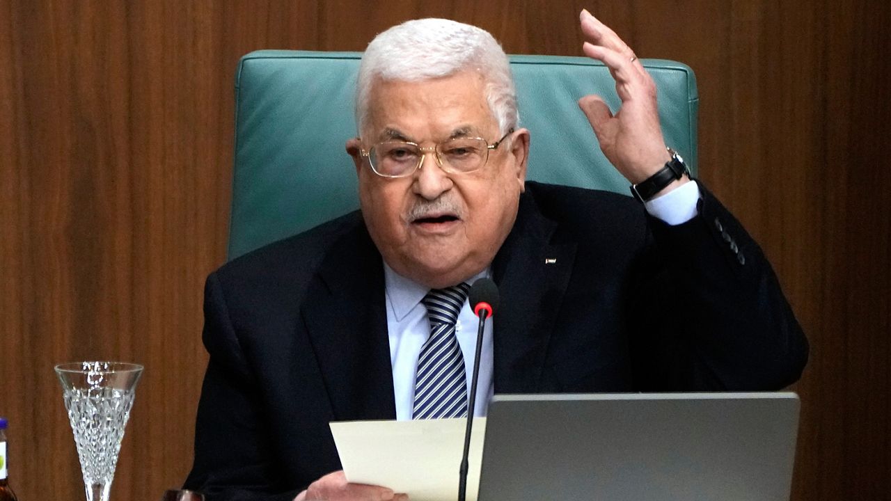 Palestinian President Mahmoud Abbas speaks during a conference to support Jerusalem at the Arab League headquarters in Cairo, Egypt, on Feb. 12, 2023. (AP Photo/Amr Nabil, File)