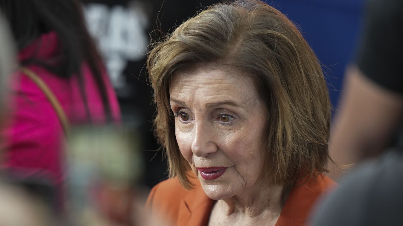 Rep. Nancy Pelosi, D-Calif., arrives ahead of Vice President Kamala Harris delivering a concession speech for the 2024 presidential election, Wednesday, Nov. 6, 2024, on the campus of Howard University in Washington. (AP Photo/Stephanie Scarbrough)