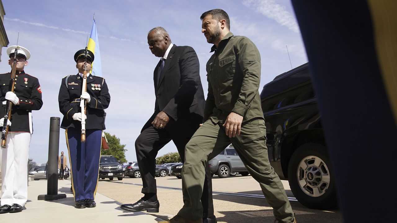 Secretary of Defense Lloyd Austin greets Ukrainian President Volodymyr Zelenskyy during a welcome ceremony at the Pentagon, Sept. 21, 2023, in Washington. (AP Photo/Andrew Harnik)