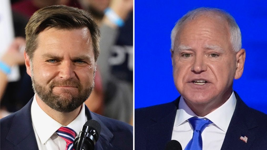 This combination of images shows Republican vice presidential nominee Sen. JD Vance, R-Ohio, at left in Erie, Pa., Aug. 28, 2024, and Democratic vice presidential candidate Minnesota Gov. Tim Walz speaking at the DNC in Chicago, Aug. 21, 2024, in Chicago. (AP Photo)