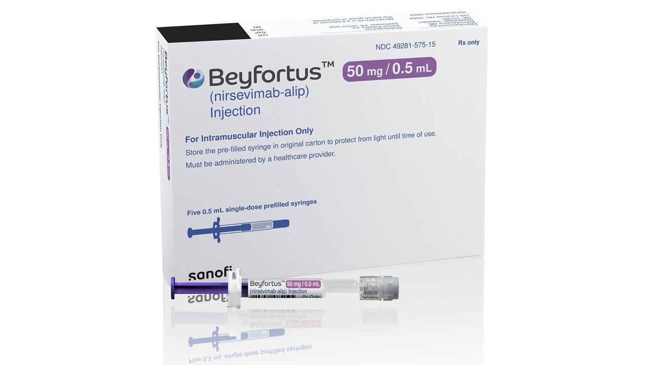 This illustration provided by AstraZeneca depicts packaging for their medication Beyfortus. (AstraZeneca via AP)