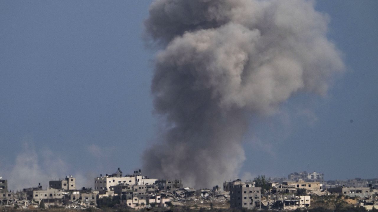 Smoke rises following an Israeli bombardment in the Gaza Strip as seen from southern Israel, Monday, May 13, 2024. (AP Photo/Leo Correa)