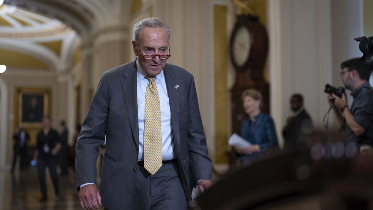Senate Majority Leader Chuck Schumer, D-N.Y., arrives to speak to reporters after a weekly caucus meeting, at the Capitol in Washington, Tuesday, Sept. 19, 2023. (AP Photo/J. Scott Applewhite)