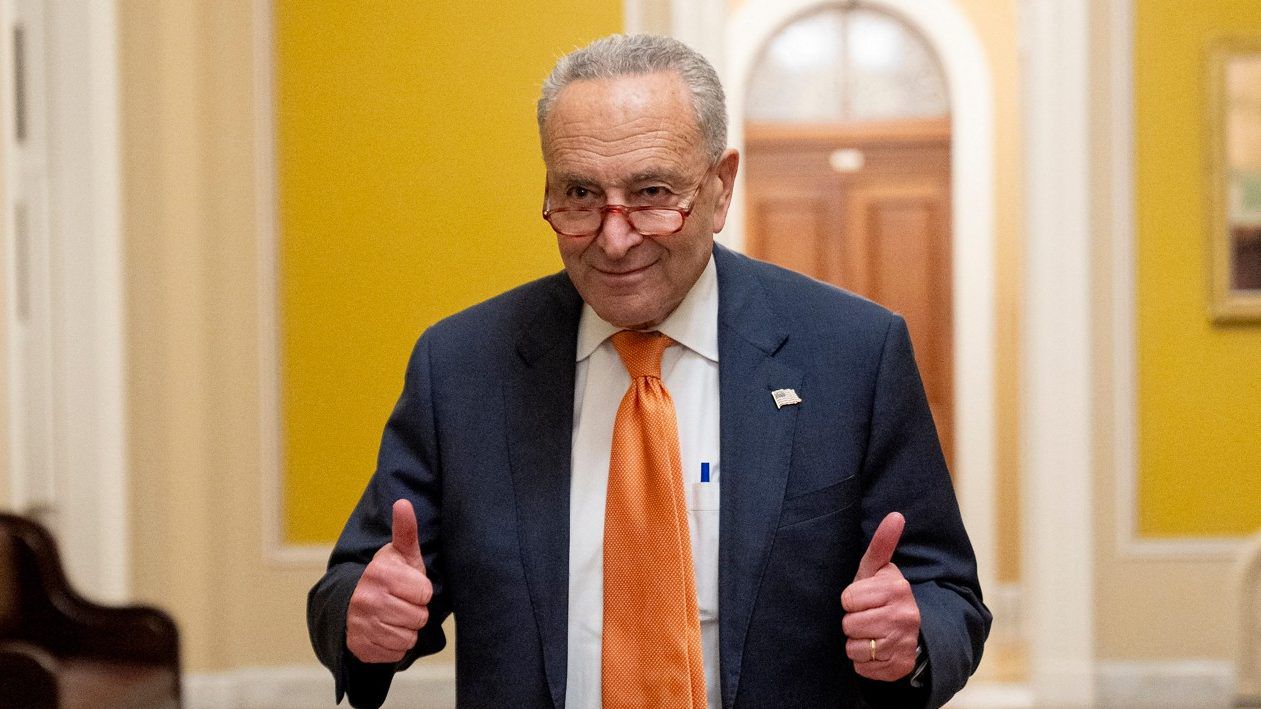 Senate Majority Leader Chuck Schumer, D-N.Y., gives two thumbs up as the Senate votes to approve a 45-day funding bill to keep federal agencies open, Saturday, Sept. 30, 2023, in Washington. (AP Photo/Andrew Harnik)