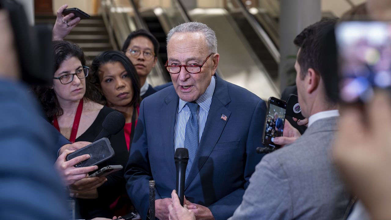 Senate Majority Leader Chuck Schumer, D-N.Y., discusses next steps for the foreign aid package for Ukraine and Israel at the Capitol in Washington, Wednesday, Feb. 7, 2024. (AP Photo/J. Scott Applewhite)