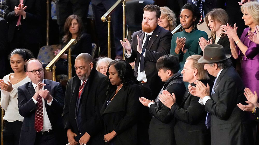 RowVaughn Wells, fourth from left, mother of Tyre Nichols, who died after being beaten by Memphis police officers, and her husband Rodney Wells, third from left, are recognized by President Joe Biden as he delivers the State of the Union address to a joint session of Congress, at the Capitol in Washington, Tuesday, Feb. 7, 2023. (AP Photo/Patrick Semansky)