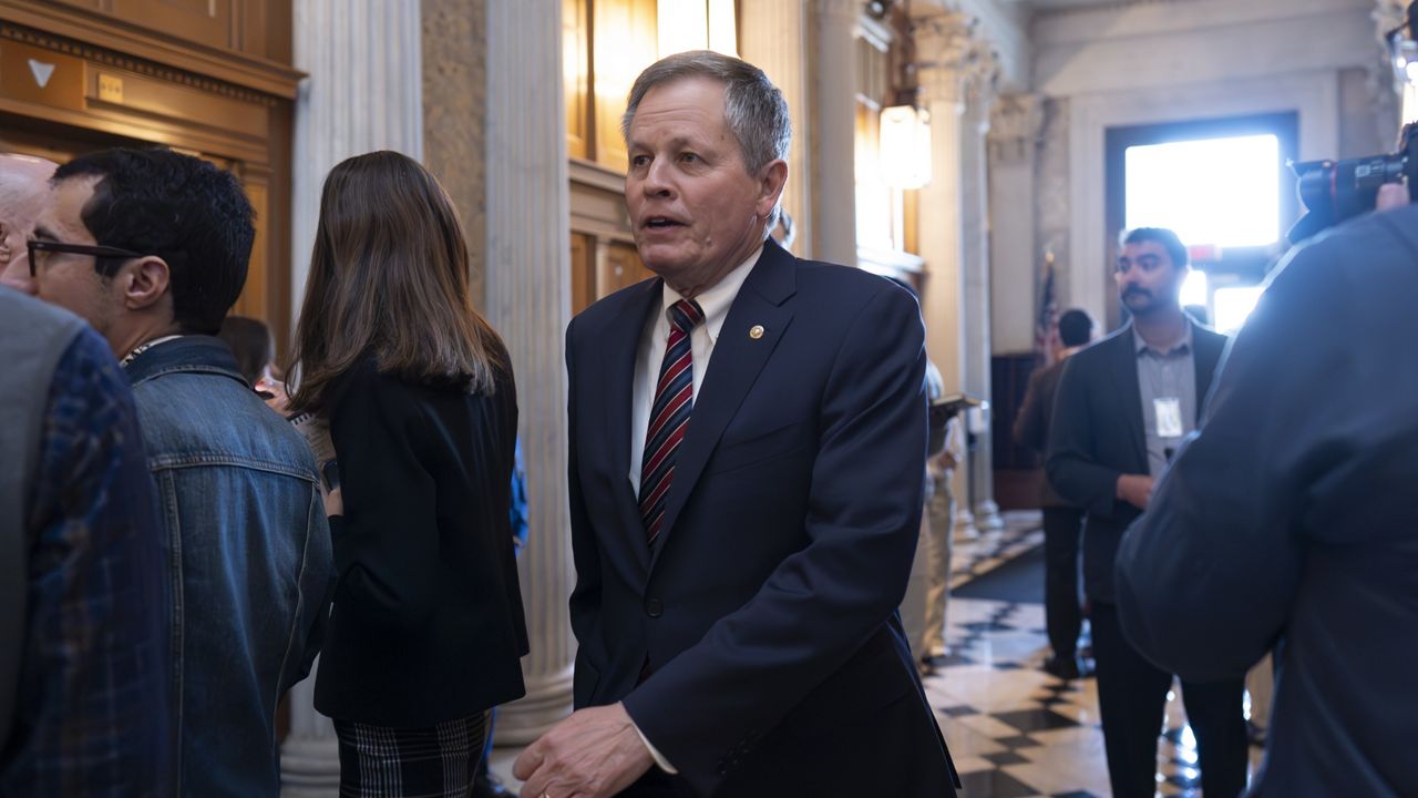 Sen. Steve Daines, R-Mont., arrives as the Senate prepares to advance the $95 billion aid package for Ukraine, Israel and Taiwan passed by the House, April 23, 2024, at the Capitol in Washington. (AP Photo/J. Scott Applewhite)