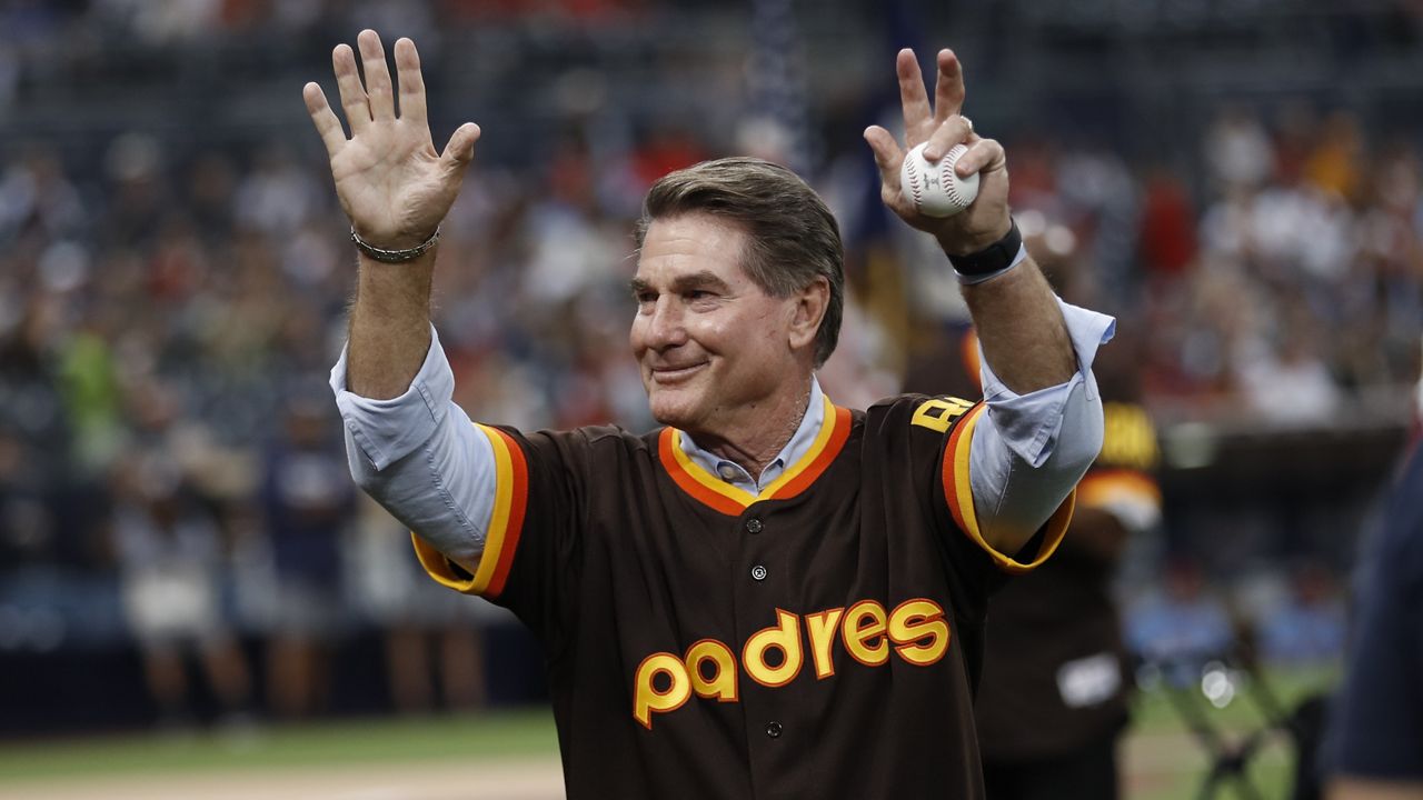 Former San Diego Padres player Steve Garvey waves to fans before a baseball game against the St. Louis Cardinals Saturday, June 29, 2019, in San Diego. (AP Photo/Gregory Bull)