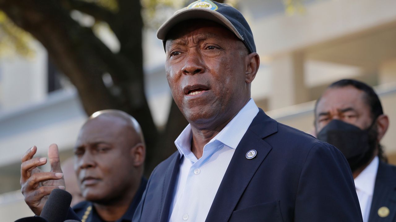 Houston Mayor Sylvester Turner speaks during a news conference Nov, 6, 2021, in Houston. Former Houston Mayor Turner was picked Tuesday, Aug. 13, 2024, as the Democrats’ nominee to succeed the late U.S. Rep. Sheila Jackson Lee. (AP Photo/Michael Wyke, File)