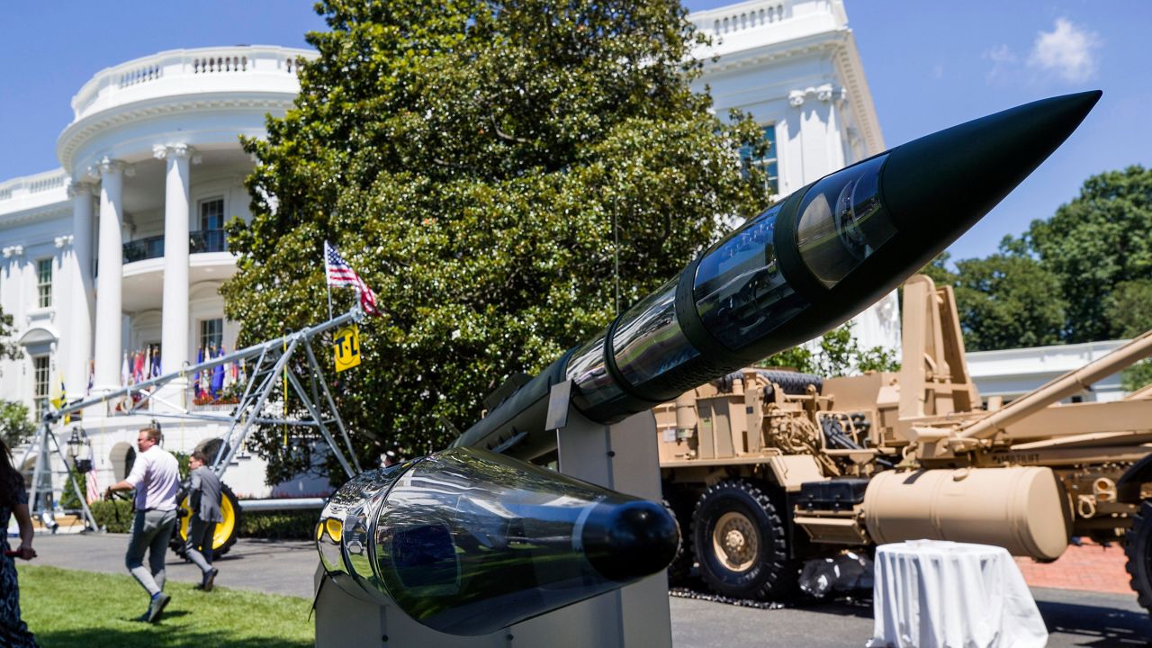 A Terminal High Altitude Area Defense (THAAD) anti-ballistic missile defense system is displayed during a Made in America showcase on the South Lawn of the White House, July 15, 2019, in Washington. (AP Photo/Alex Brandon, File)