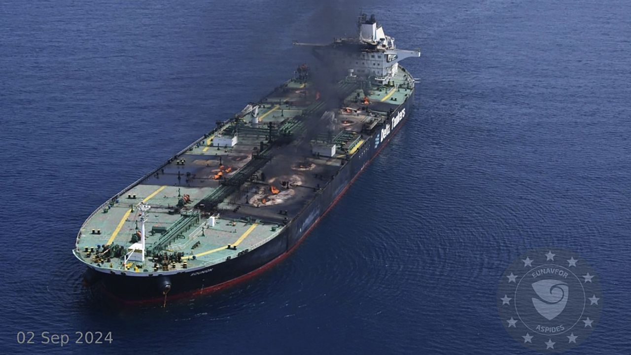 This photo released by the European Union's Operation Aspides naval force shows the Greek-flagged oil tanker Sounion burning in the Red Sea following a series of attacks by Yemen's Houthi rebels on Monday, Sept. 2, 2024. (European Union's Operation Aspides via AP)