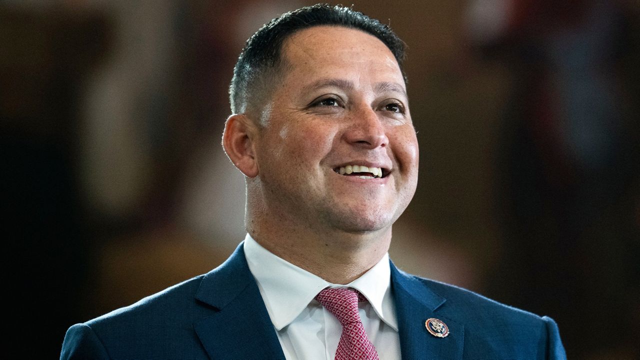 Rep. Tony Gonzales, R-Texas, is seen before the flag-draped casket bearing the remains of Hershel W. "Woody" Williams lies in honor in the U.S. Capitol, July 14, 2022, in Washington. (Tom Williams/Pool photo via AP, File)