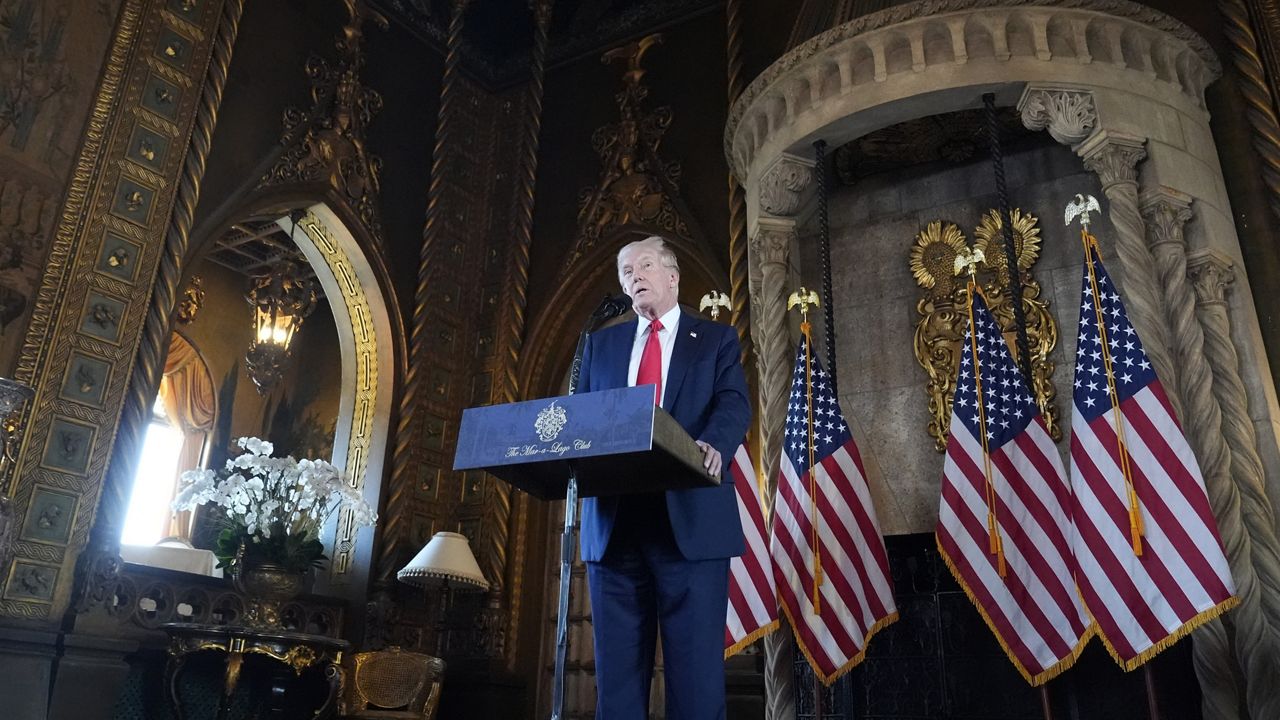 Republican presidential nominee former President Donald Trump speaks to reporters at his Mar-a-Lago estate Thursday, Aug. 8, 2024, in Palm Beach, Fla. (AP Photo/Alex Brandon)
