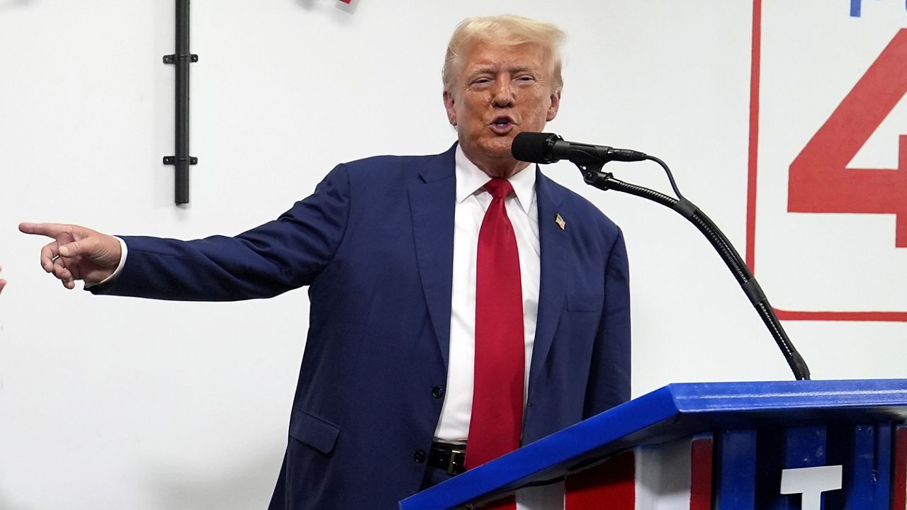 Republican presidential nominee former President Donald Trump speaks during a stop at a campaign office, Monday, Aug. 26, 2024, in Roseville, Mich. (AP Photo/Carolyn Kaster)