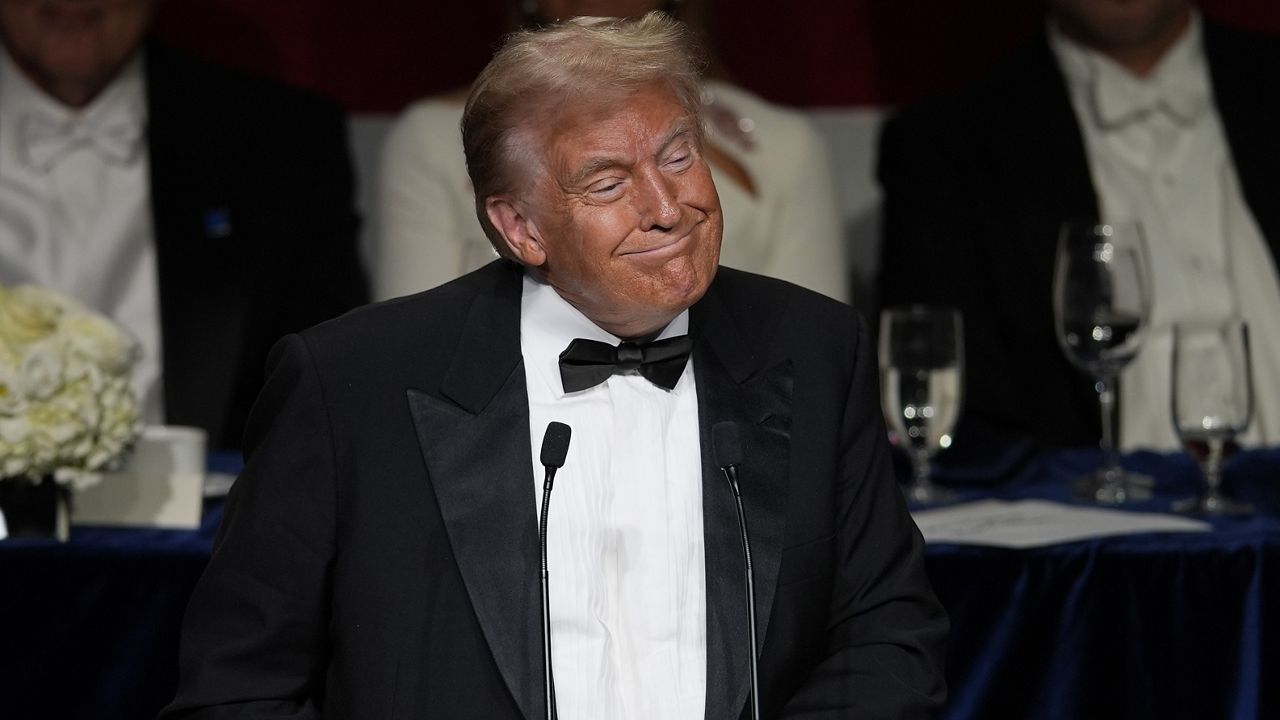 Republican presidential nominee former President Donald Trump speaks at the 79th annual Alfred E. Smith Memorial Foundation Dinner, Thursday, Oct. 17, 2024, in New York. (AP Photo/Julia Demaree Nikhinson)