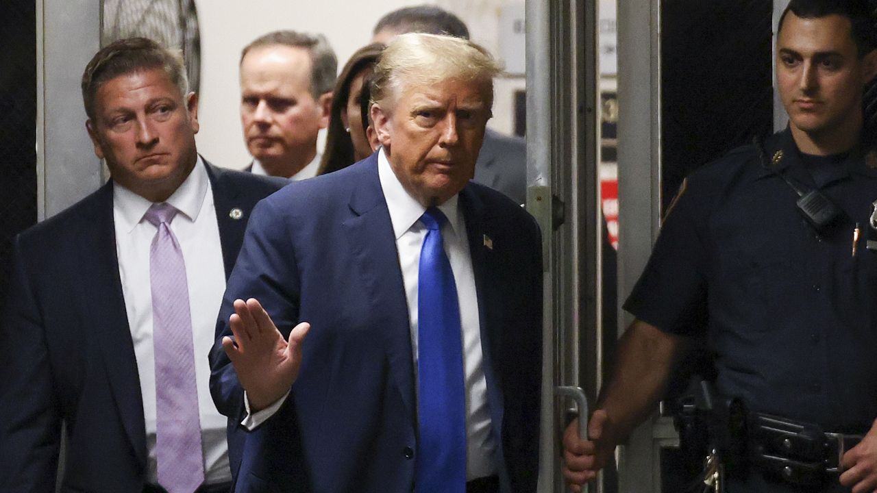 Former President Donald Trump returns to the courtroom after a recess at Manhattan criminal court, Monday, April 22, 2024, in New York. (AP Photo/Yuki Iwamura, Pool)