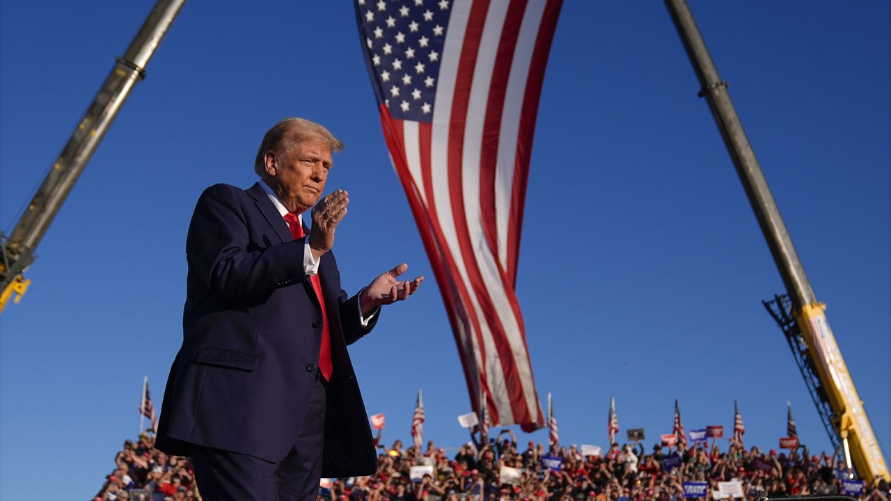 Republican presidential nominee former President Donald Trump arrives at a campaign rally at the Butler Farm Show, Saturday, Oct. 5, 2024, in Butler, Pa. (AP Photo/Evan Vucci)