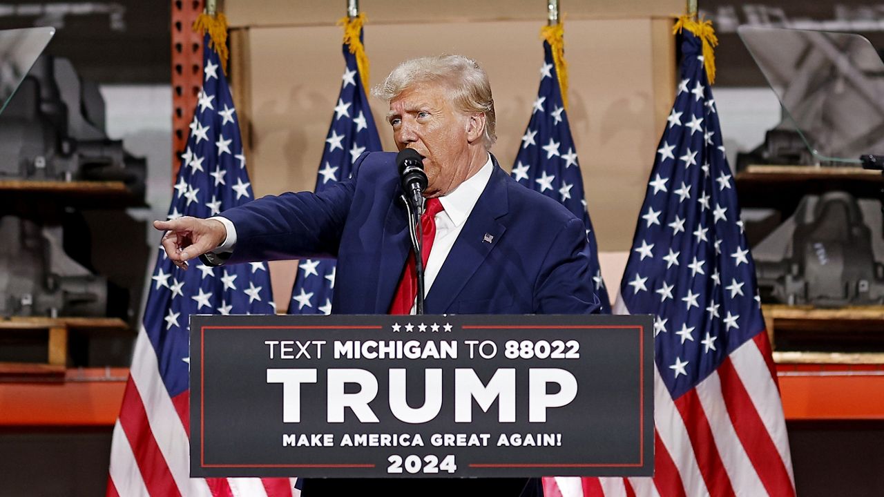 Former President Donald Trump speaks in Clinton Township, Mich., Wednesday, Sept. 27, 2023. (AP Photo/Mike Mulholland)