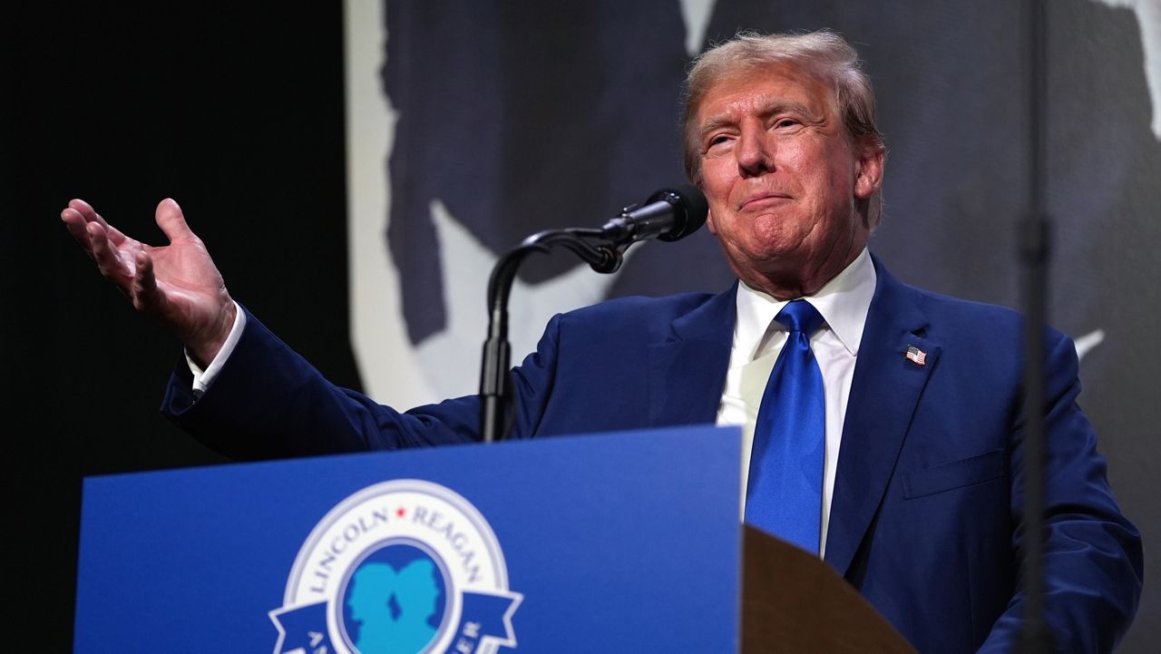 Former President Donald Trump speaks at the Minnesota Republican Lincoln Reagan Dinner Friday, May 17, 2024, at the Saint Paul RiverCentre in St. Paul, Minn. (AP Photo/Abbie Parr)