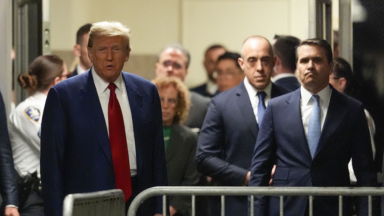 Former President Donald Trump departs Trump Tower to attend a pre-trial hearing in Manhattan criminal court, Monday, March 25, 2024, in New York. (AP Photo/Mary Altaffer, POOL)