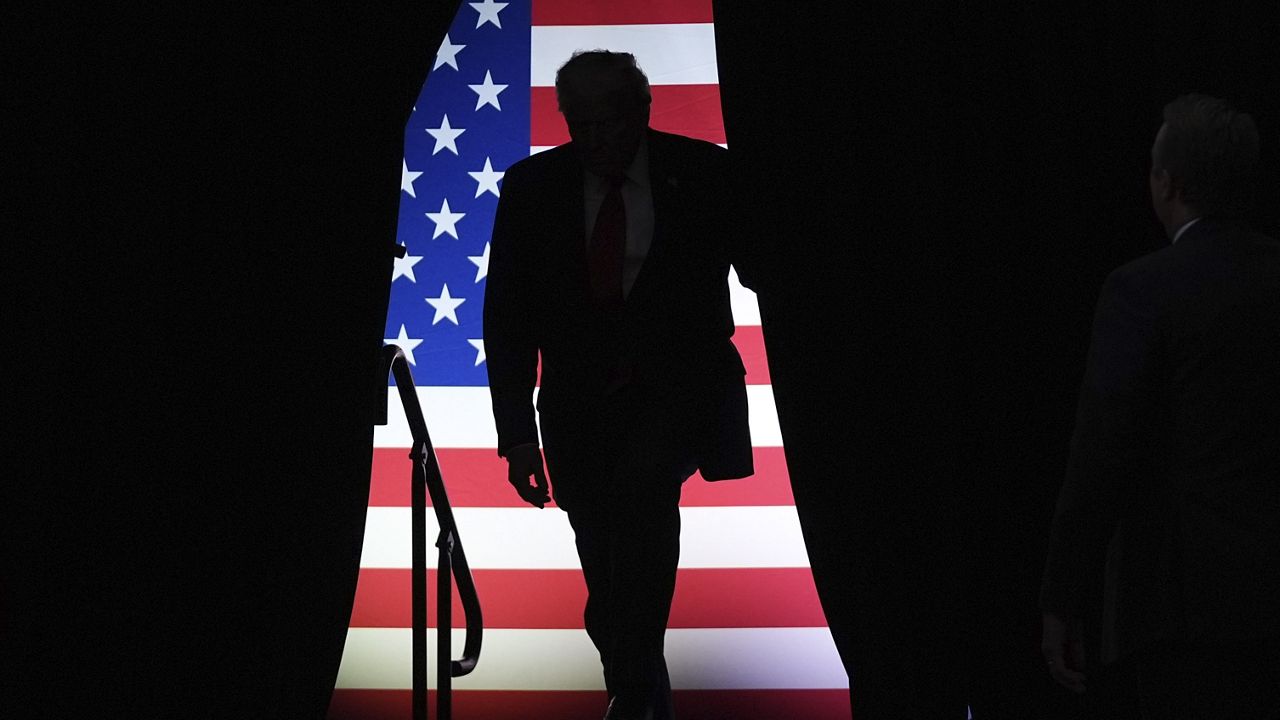 Republican presidential nominee former President Donald Trump arrives at a campaign rally at PPG Paints Arena, Monday, Nov. 4, 2024, in Pittsburgh, Pa. (AP Photo/Evan Vucci)