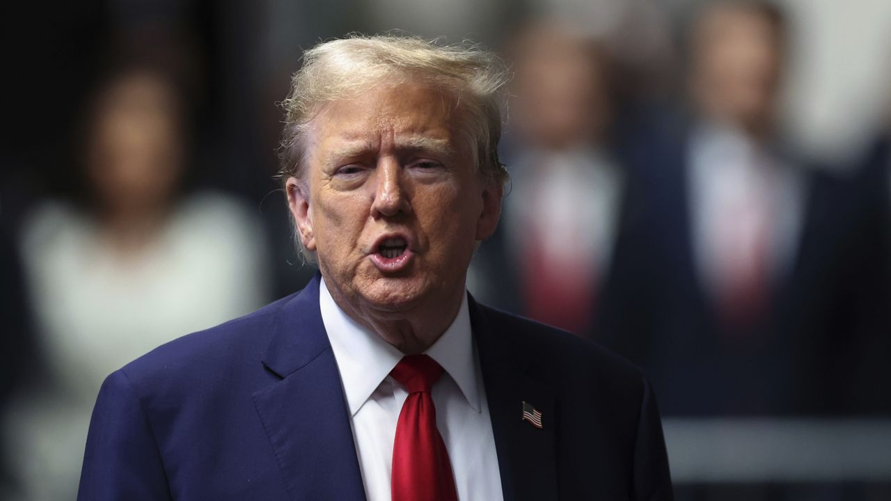 Former President Donald Trump speaks to reporters at Manhattan Supreme Court in New York, Thursday, May 16, 2024. (Mike Segar/Pool via AP, File)