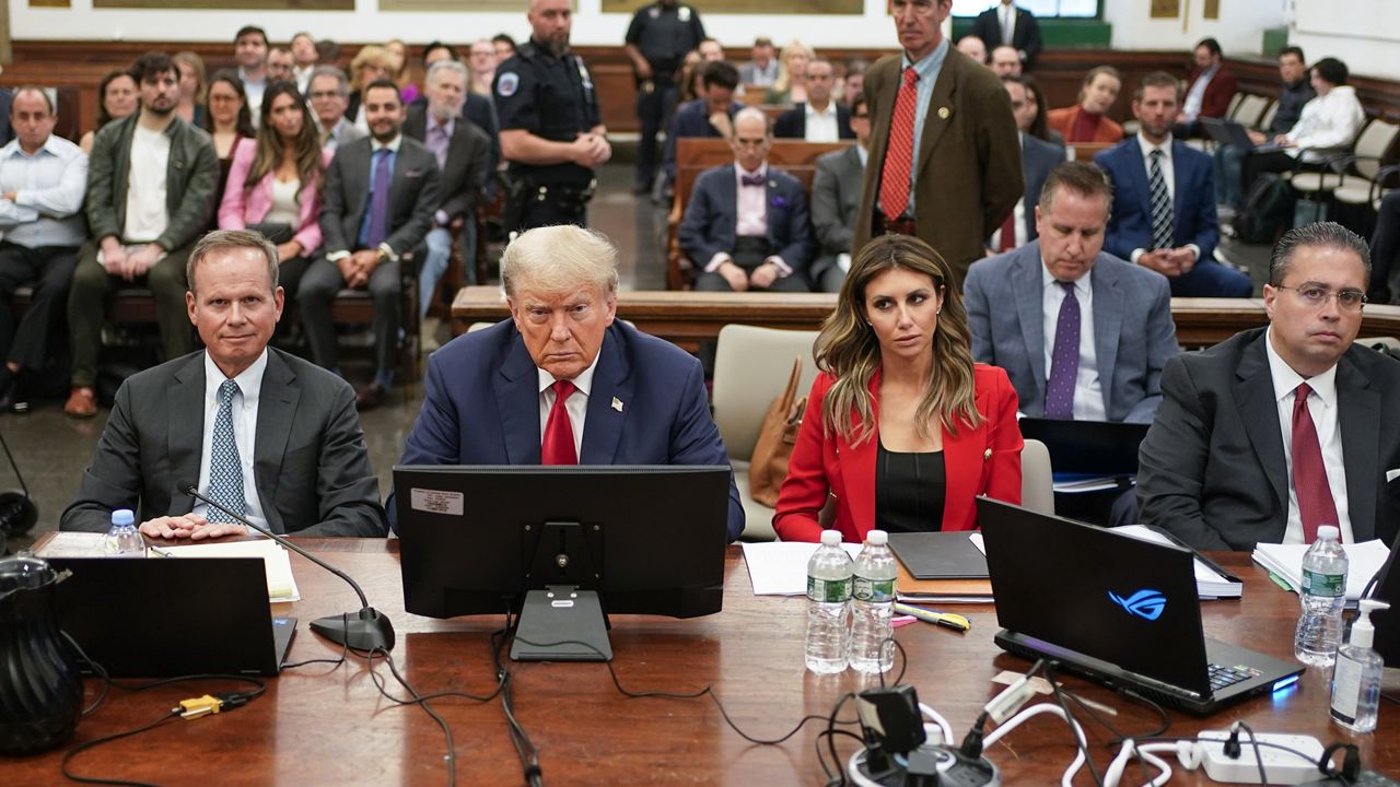 Former President Donald Trump, center, sits in the courtroom with his legal team before the continuation of his civil business fraud trial at New York Supreme Court, Oct. 3, 2023, in New York. (AP Photo/Seth Wenig, Pool)