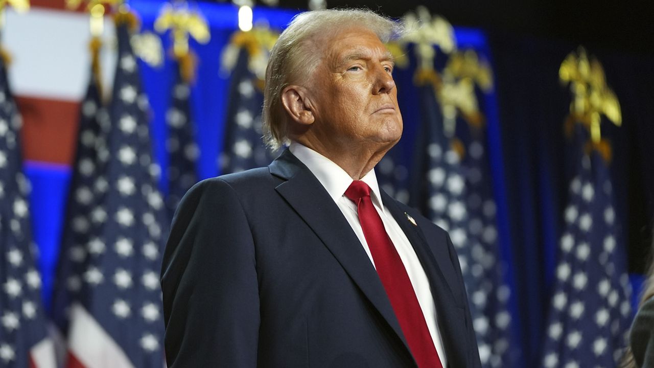 Republican presidential nominee former President Donald Trump arrives at an election night watch party at the Palm Beach Convention Center, Wednesday, Nov. 6, 2024, in West Palm Beach, Fla. (AP Photo/Evan Vucci)