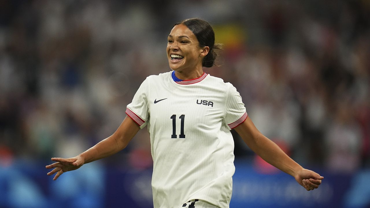 United States' Sophia Smith celebrates after scoring her side's first goal, during the women's Group B soccer match between the United States and Germany at the Velodrome stadium, during the 2024 Summer Olympics, Sunday, July 28, 2024, in Marseille, France. (AP Photo/Daniel Cole)