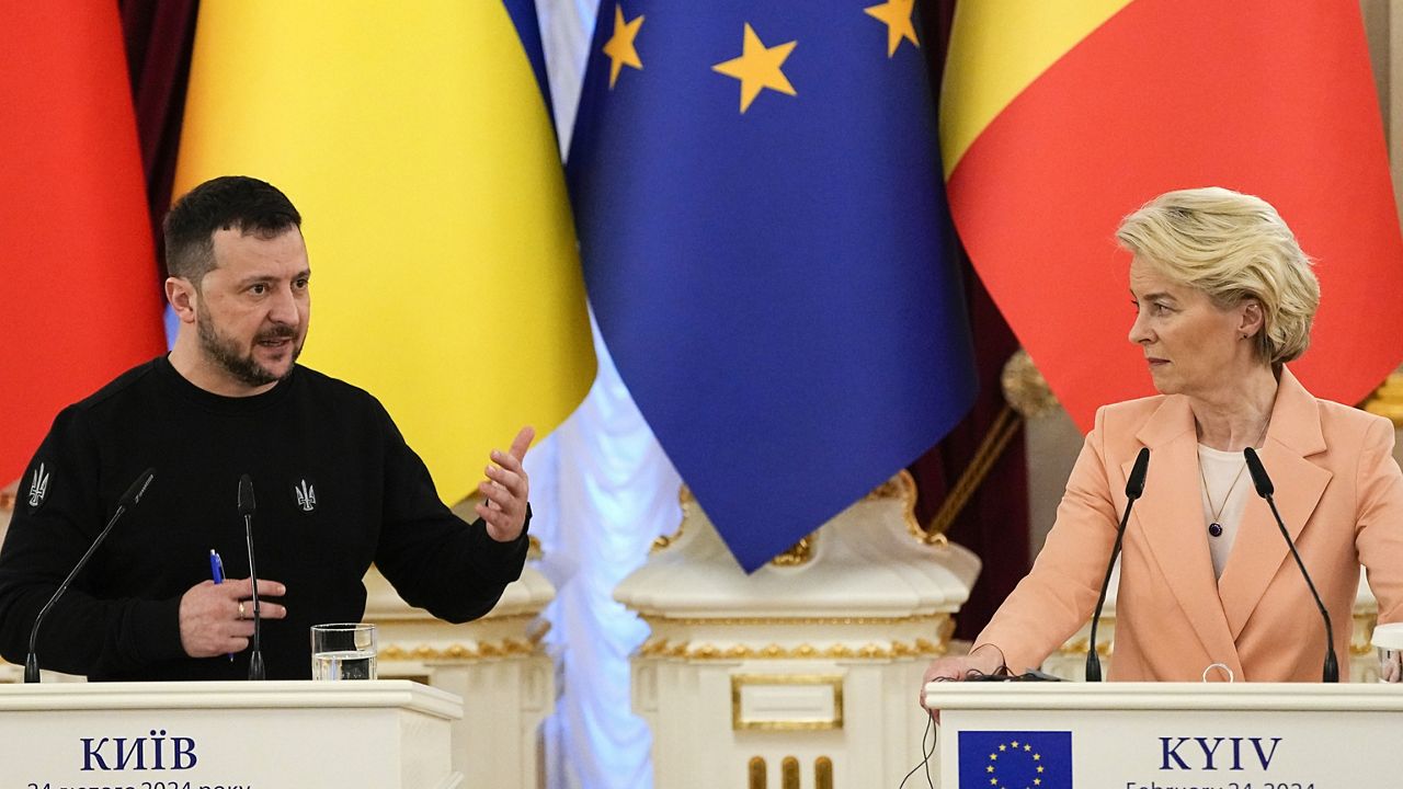 Ukrainian President Volodymyr Zelenskyy, left, speaks during a joint press conference with EU Commission President Ursula von der Leyen at Mariinsky Palace in Kyiv, Ukraine, Saturday, Feb. 24, 2024. (AP Photo/Efrem Lukatsky)