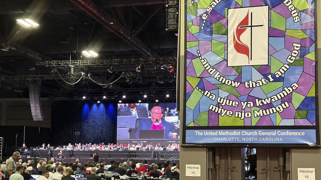 Michigan Bishop David Bard presides at a session of the General Conference of the United Methodist Church on Tuesday, April 30, 2024, in Charlotte, N.C. (AP Photo/Peter Smith)