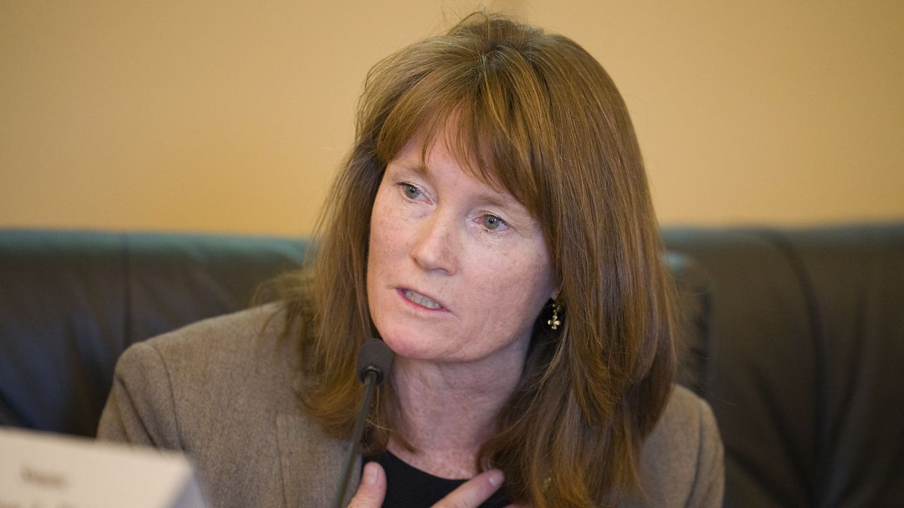 Sen. Kathleen Riebe, D-Cottonwood Heights, questions Rep. Jeffrey Stenquist, R-Draper, on his classroom neutrality proposal during a meeting of the Education Interim Committee in Salt Lake City on Wednesday, Nov. 15, 2023. (Trent Nelson/The Salt Lake Tribune via AP)