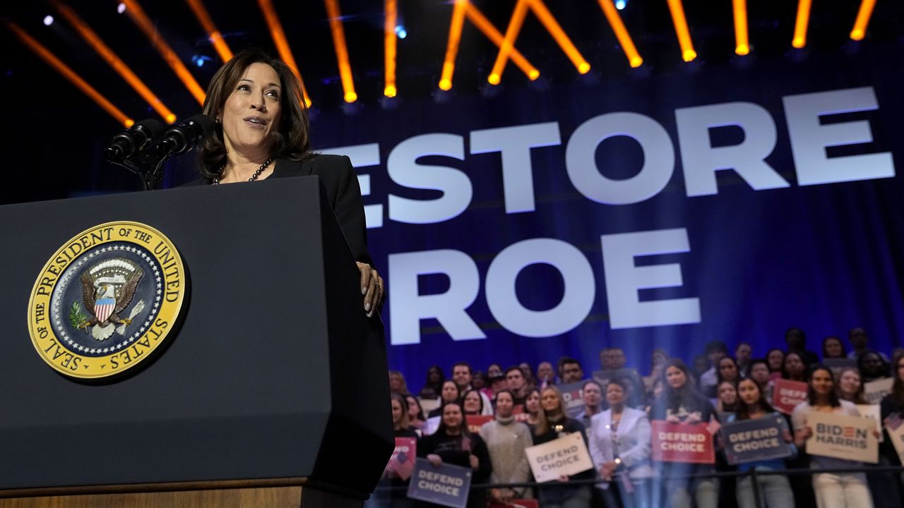 Vice President Kamala Harris speaks before President Joe Biden at an event on the campus of George Mason University in Manassas, Va., Tuesday, Jan. 23, 2024, to campaign for abortion rights, a top issue for Democrats in the upcoming presidential election. (AP Photo/Susan Walsh)