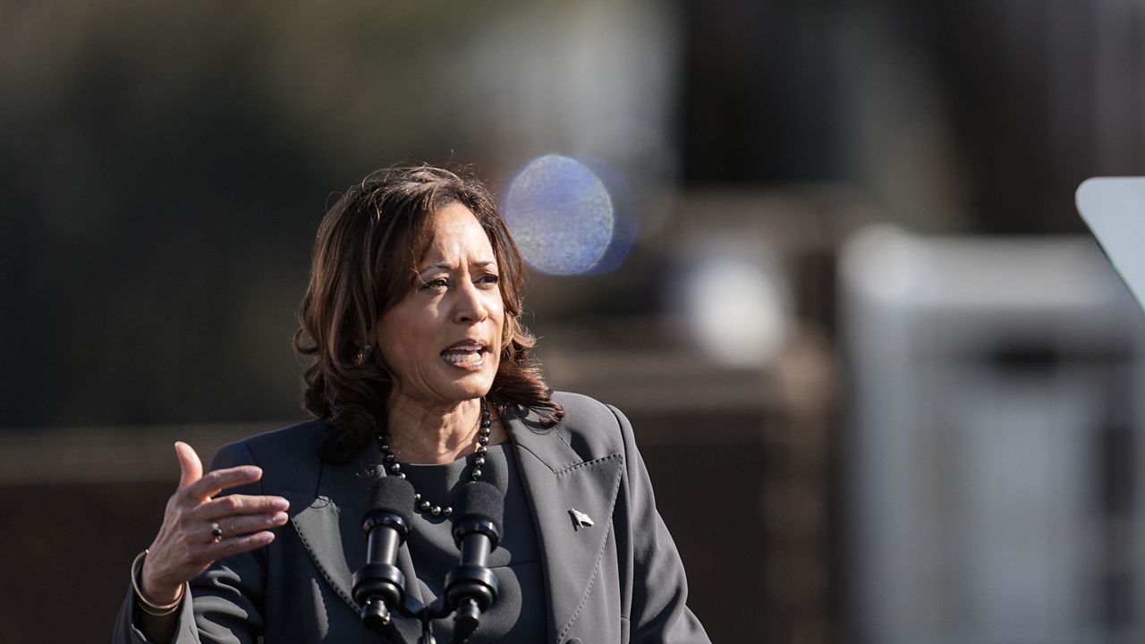 Vice President Kamala Harris speaks before walking with others across the Edmund Pettus Bridge commemorating the 59th anniversary of the Bloody Sunday voting rights march in 1965, Sunday, March 3, 2024, in Selma, Ala. (AP Photo/Mike Stewart)