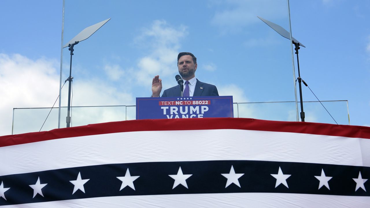 Republican vice presidential nominee Sen. JD Vance, R-Ohio, speaks at a campaign rally at North Carolina Aviation Museum, Wednesday, Aug. 21, 2024, in Asheboro, N.C. (AP Photo/Julia Nikhinson)