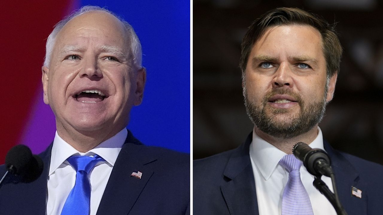 This combination of photos shows Democratic vice presidential candidate Minnesota Gov. Tim Walz, left, at the DNC on Aug. 21, 2024, in Chicago, and Republican vice presidential nominee Sen. JD Vance, R-Ohio, on Sept. 25, 2024, in Traverse City, Mich