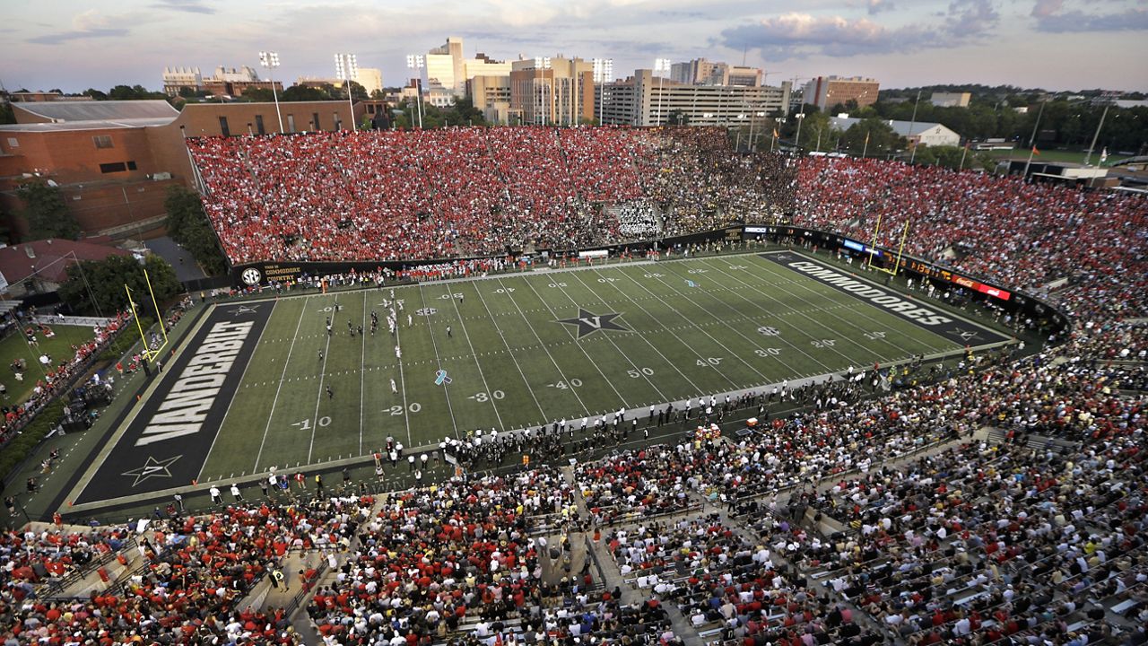 Georgia fans (wearing red) fill most of Vanderbilt Stadium in the first half of an NCAA college football game against Vanderbilt, Saturday, Aug. 31, 2019, in Nashville, Tenn. (AP Photo/Mark Humphrey, File)