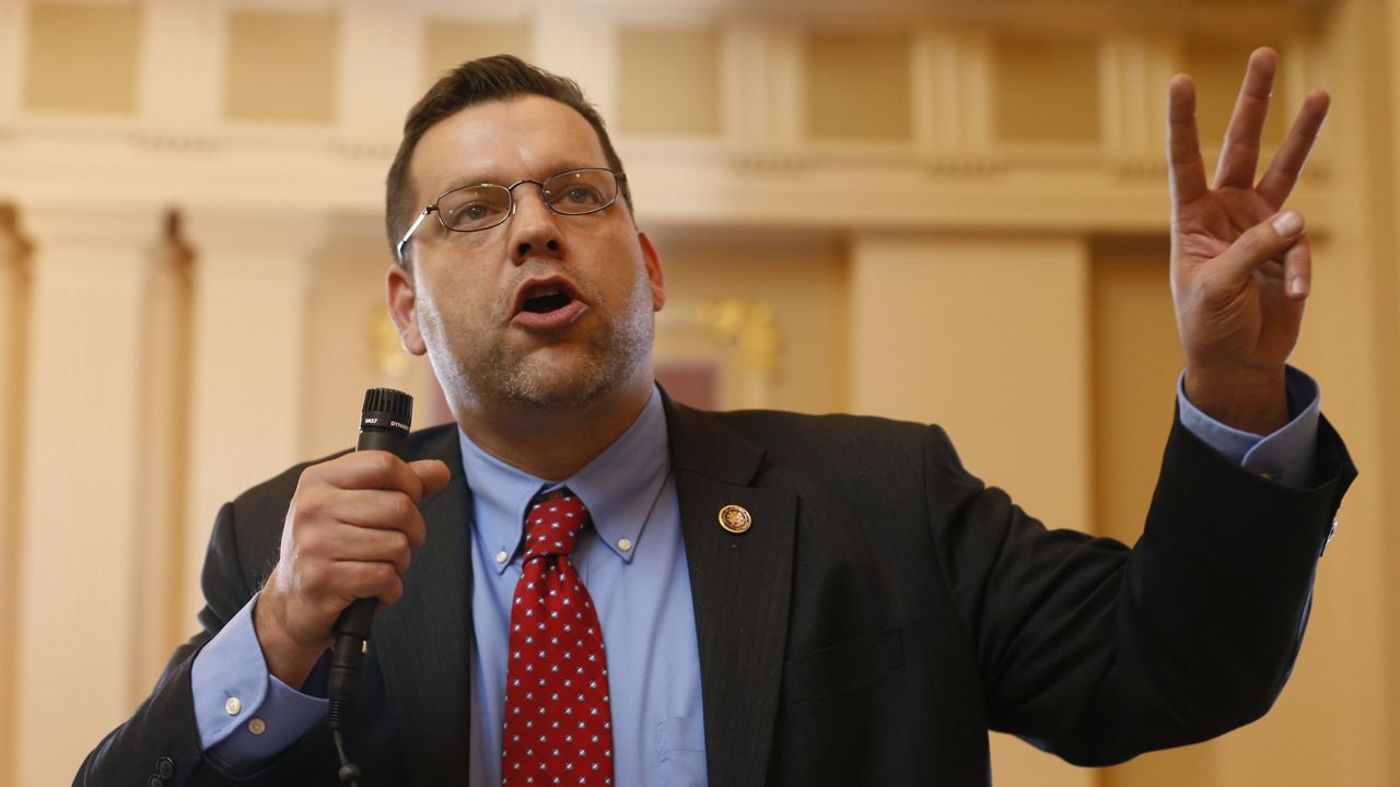 Then-state Sen. Thomas Garrett, R-Buckingham, speaks during a debate on a bill during the Senate session at the Capitol in Richmond, Va., Jan. 20, 2015. (AP Photo/Steve Helber)