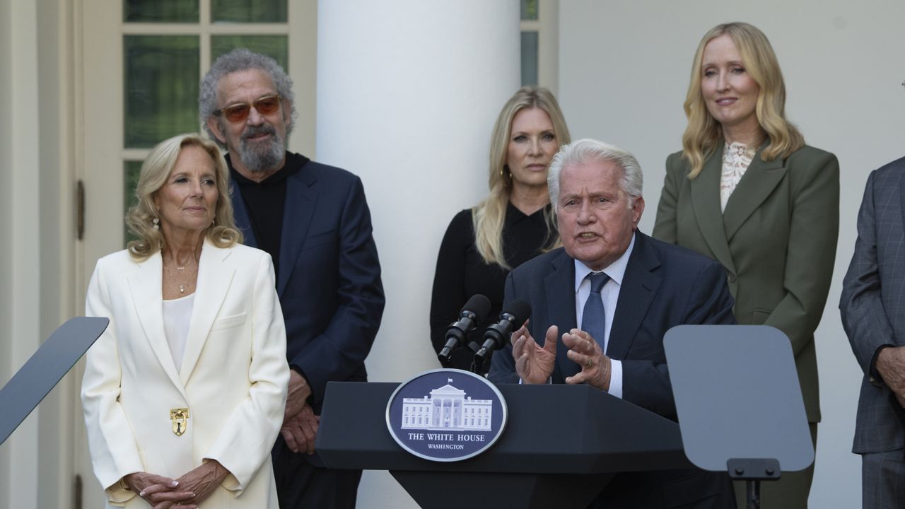 First lady Jill Biden, listens to actor Martin Sheen speaks at an event on the Rose Garden at the White House to mark the 25th anniversary of the television series, The West Wing, Friday, Sept. 20, 2024, in Washington. (AP Photo/Manuel Balce Ceneta)