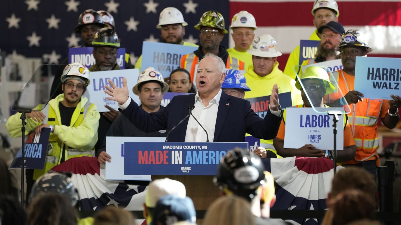 Democratic vice presidential nominee Minnesota Gov. Tim Walz speaks during a campaign event, Friday, Oct. 11, 2024, in Warren, Mich. (AP Photo/Carlos Osorio)