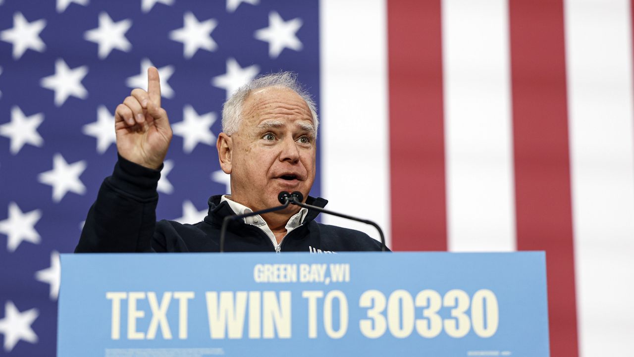 Democratic vice presidential nominee Minnesota Gov. Tim Walz speaks at a campaign event Monday, Oct. 14, 2024, in Green Bay, Wis. (AP Photo/Jeffrey Phelps)