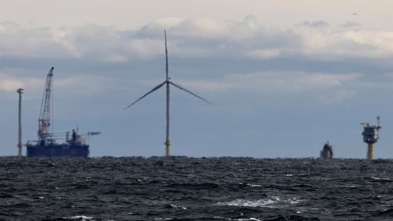 The first operating South Fork Wind farm turbine is seen 35 miles east of Montauk Point, N.Y., on Dec. 7, 2023. (AP Photo/Julia Nikhinson, File)