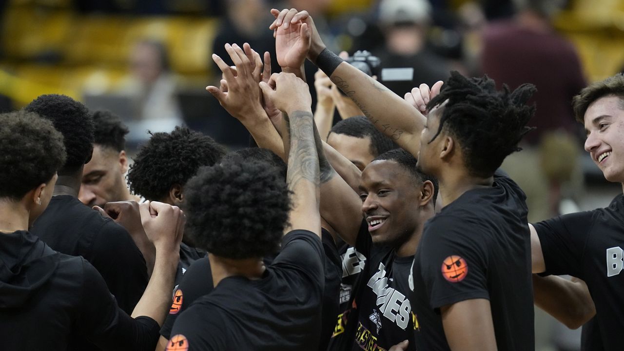 St. Bonaventure players huddle in the first half of a National Invitational Tournament basketball game on Tuesday, March 15, 2022, in Boulder, Colo. (AP Photo/David Zalubowski)