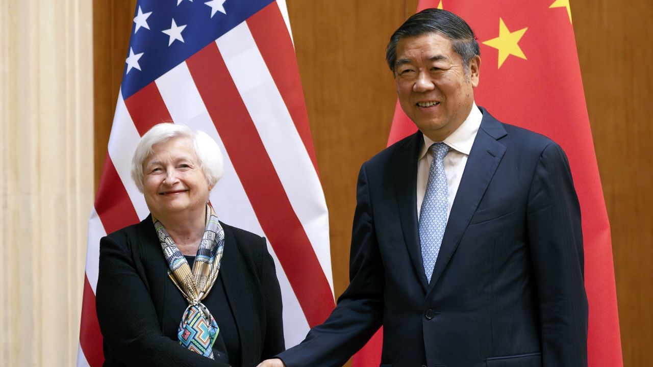 Treasury Secretary Janet Yellen, left, shakes hands with Chinese Vice Premier He Lifeng during a meeting at the Diaoyutai State Guesthouse in Beijing, China, July 8, 2023. (AP Photo/Mark Schiefelbein, Pool)